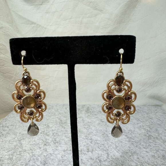 Vintage Lia Sophia Madeira Dangle Earrings Smoky Crystal Accents Teardrop Design - Picture 2 of 6